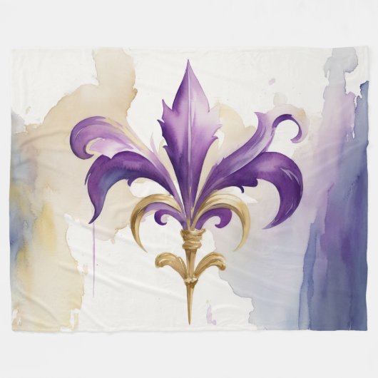Paarse Tan Fleur de Lis Waterverf Fleece Deken (Voorkant (Horizontaal))