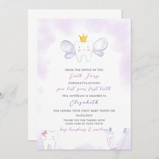 Paarse Tand Fairy Letter Kaart (Voorkant / Achterkant)