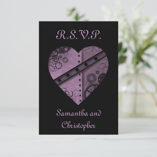 Paarse tandwielen hart RSVP bruiloft elegant (Staand voorkant)