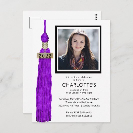 Paarse Tassel Foto Afstuderen Uitnodiging (Voorkant / Achterkant)