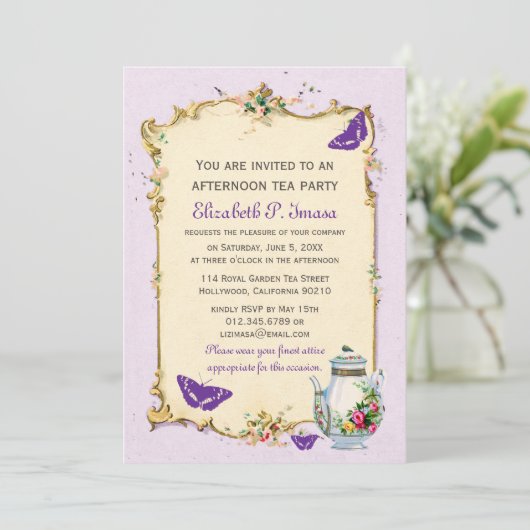 Paarse  Tea Party Kaart (Staand voorkant)