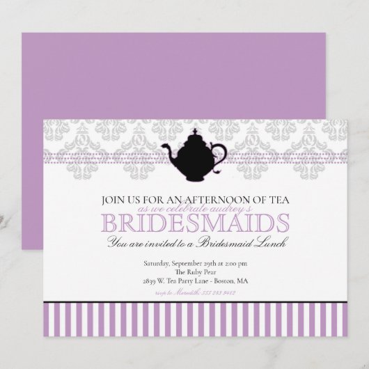 Paarse Tea Party uitnodiging (Voorkant / Achterkant)