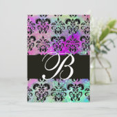 PAARSE TEAL AQUA BLAUW ZWART DAMAST MONOGRAM KAART (Staand voorkant)