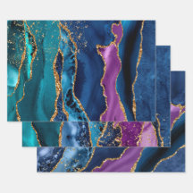 Paarse, Teal & Blauwe & Gouden Glitter Pauw Agate