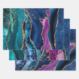 Paarse, Teal & Blauwe & Gouden Glitter Pauw Agate Inpakpapier Vel