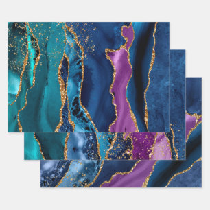 Paarse, Teal & Blauwe & Gouden Glitter Pauw Agate Inpakpapier Vel