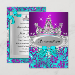 Paarse Teal Glanzende Tiara Quinceanera Uitnodigin Kaart