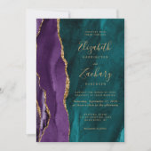 Paarse Teal Gouden Agate QR Code Trouwfeest Kaart (Voorkant)