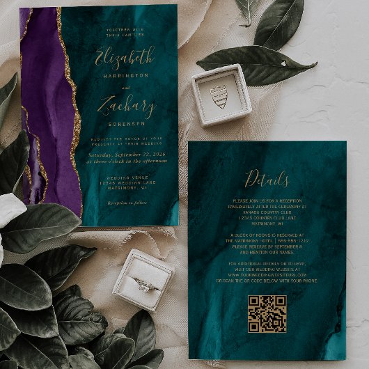 Paarse Teal Gouden Agate QR Code Trouwfeest Kaart