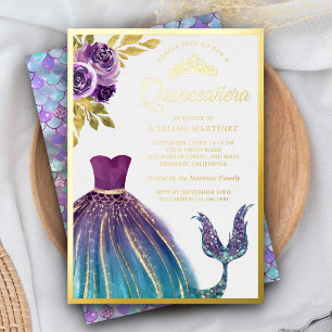 Paarse Teal Jurk Zeemeermin Staart Quinceanera Gou Folie Uitnodiging