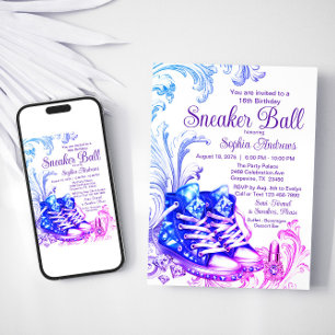 Paarse Teal Sneaker Ball Verjaardagsfeest Uitnodig Kaart