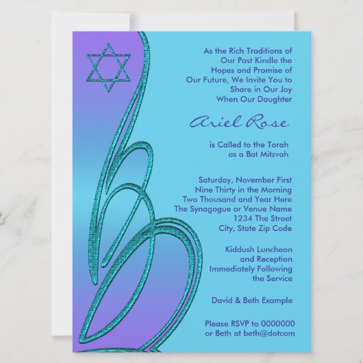 Paarse Teal Ster van David Bat Mitzvah Kaart (Voorkant)