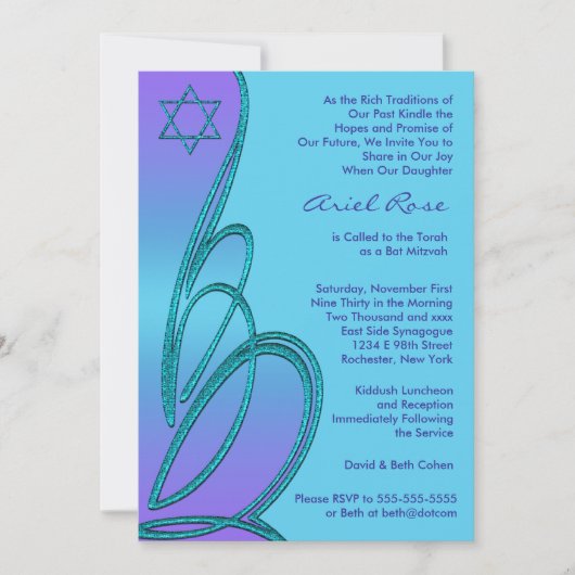 Paarse Teal Ster van David Bat Mitzvah Kaart (Voorkant)