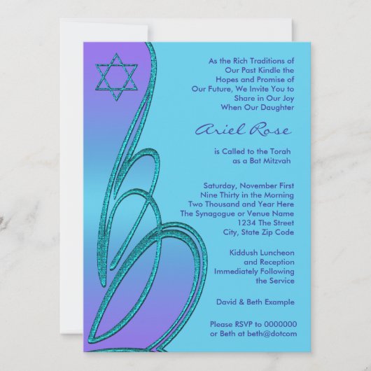 Paarse Teal Ster van David Bat Mitzvah Kaart (Voorkant)