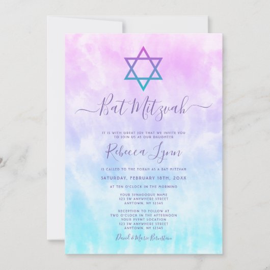Paarse Teal Tie Dye Bat Mitzvah Kaart (Voorkant)
