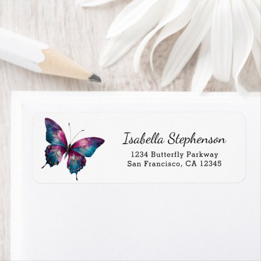 Paarse Teal Waterverf Vlinder Retouradres Etiket (Insitu)