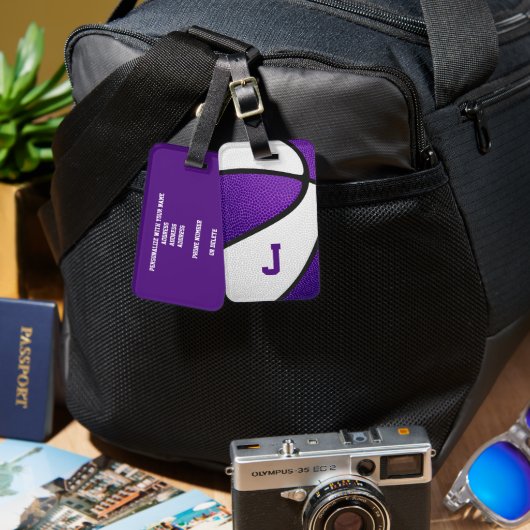 paarse team kleuren monogrammed basketbal bagagelabel (Voorkant /achterkant)