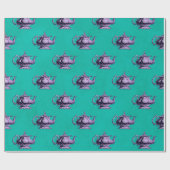 Paarse Teapots op Blauwgroen Cadeaupapier (Vlak)