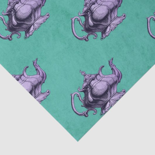 Paarse Teapots over Blauwgroen ontkoppeling Tissuepapier (Detail)