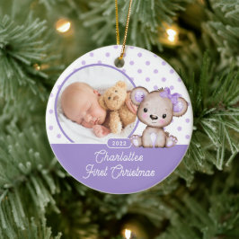 Paarse Teddibeer Baby's Eerste Kerstmis Foto Keramisch Ornament