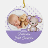 Paarse Teddy Bear Baby's eerste kerstfoto Keramisch Ornament (Voorkant)