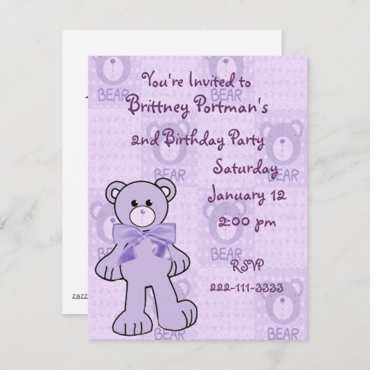 Paarse Teddy Bear Birthday Uitnodiging (Voorkant / Achterkant)