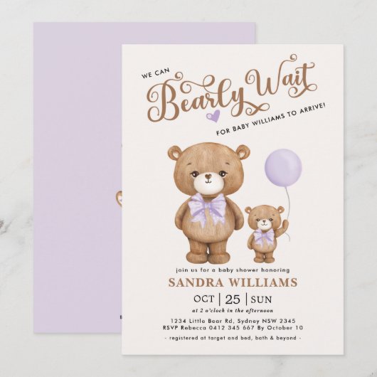 Paarse Teddy Bear, we kunnen het Baby shower afwac Kaart (Voorkant / Achterkant)