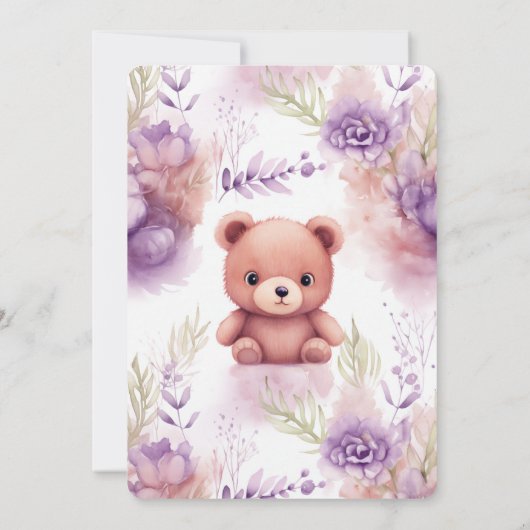 Paarse teddybeer en bloemen - Baby shower Kaart (Achterkant)