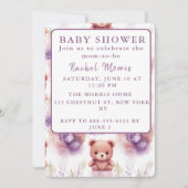 Paarse teddybeer en bloemen - Baby shower Kaart (Voorkant)