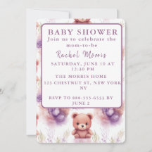 Paarse teddybeer en bloemen - Baby shower