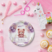 Paarse teddybeer en bloemen - Baby shower Papieren Bordje (Feest)