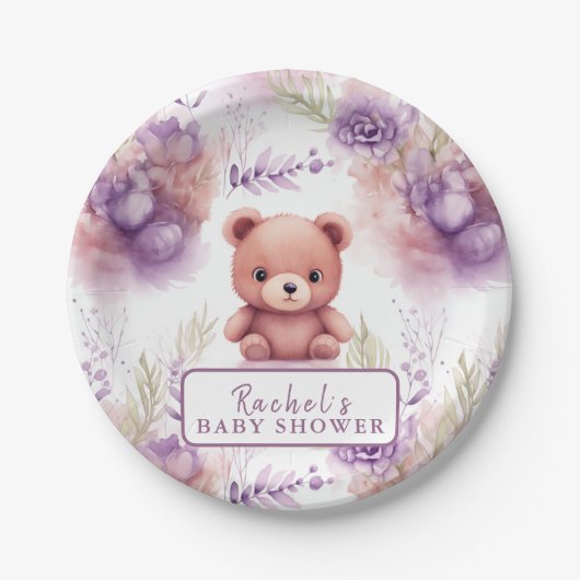 Paarse teddybeer en bloemen - Baby shower Papieren Bordje (Voorkant)