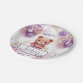 Paarse teddybeer en bloemen - Baby shower Papieren Bordje (Gekanteld)