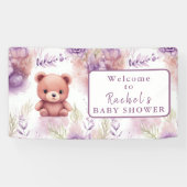 Paarse teddybeer en bloemen - Baby shower Spandoek (Horizontaal)