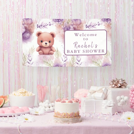 Paarse teddybeer en bloemen - Baby shower Spandoek (Feest)