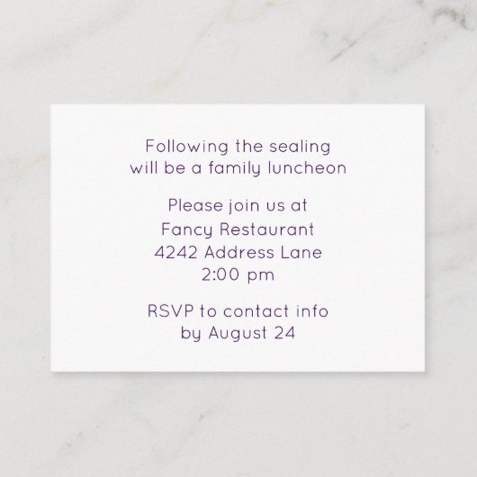 Paarse Temple Sealing & Meal Invitation Informatiekaartje (Achterkant)