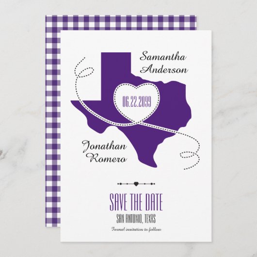 Paarse Texas Curling Ribbon Save the Date (Voorkant / Achterkant)