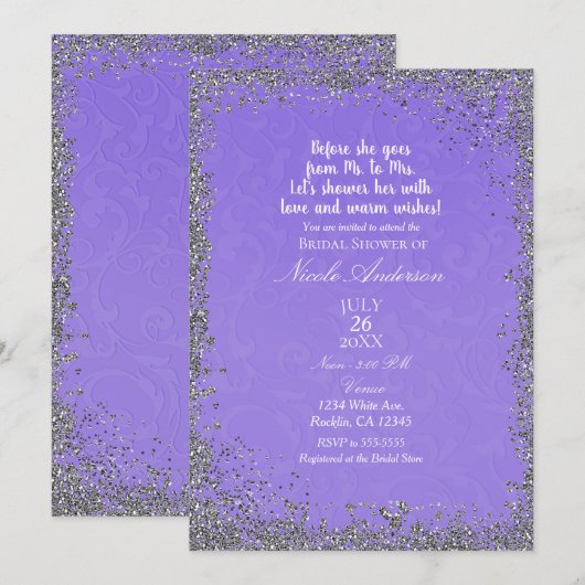 Paarse Textuur Zilver Glitter Moderne Bruidsdouche Kaart (Voorkant / Achterkant)