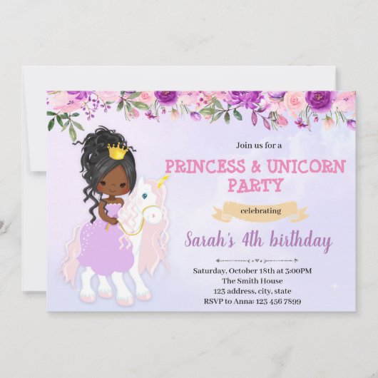 Paarse thema prinses unicorn uitnodiging (Voorkant)