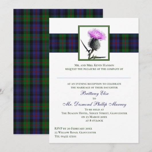 Paarse Thistle Murray van Atholl Tartan bruiloft Kaart (Voorkant / Achterkant)