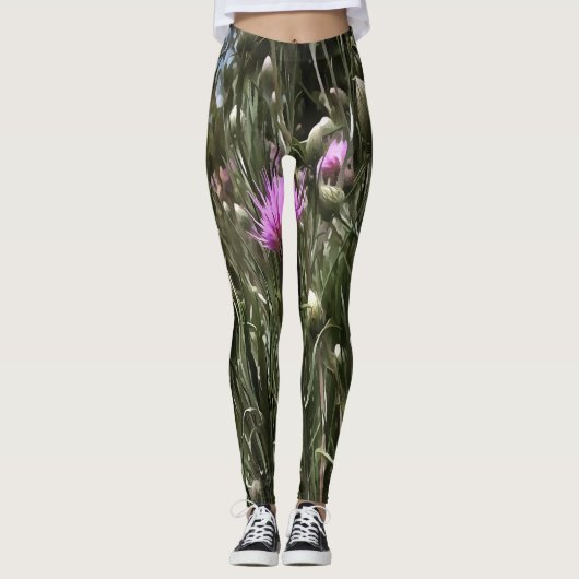 Paarse Thistle Wildflower Realiserende kunst Leggings (Voorkant)