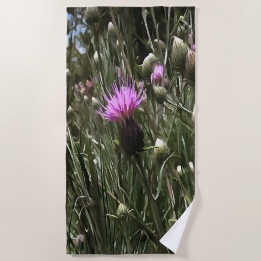 Paarse Thistle Wildflower Realiserende kunst Strandlaken (Voorkant)