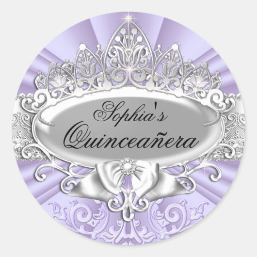 Paarse Tiara & Damask Quinceanera Sticker (Voorkant)
