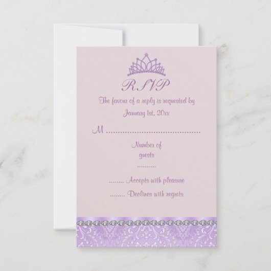 Paarse Tiara & Damask Sweet16 RSVP-kaart RSVP Kaartje (Voorkant)