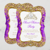 Paarse Tiara Princess Sweet 16 Gold White Invite 2 Kaart (Voorkant / Achterkant)