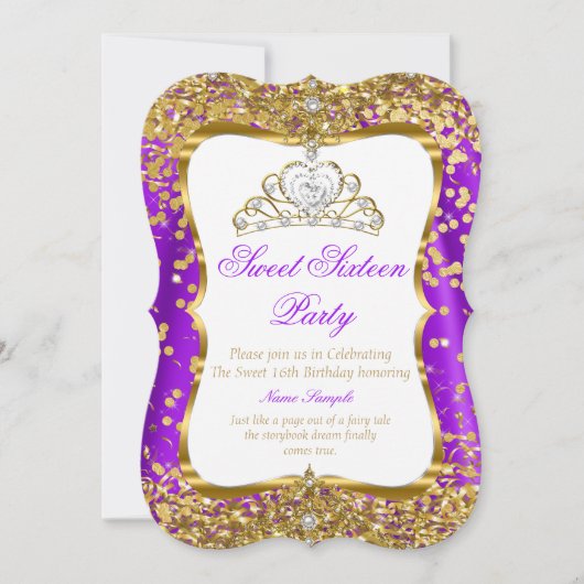 Paarse Tiara Princess Sweet 16 Gold White Invite 2 Kaart (Voorkant)