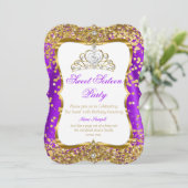 Paarse Tiara Princess Sweet 16 Gold White Invite 2 Kaart (Staand voorkant)