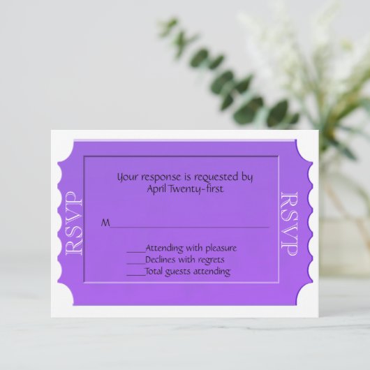 Paarse Ticket RSVP-reactiekaart voor alle doeleind RSVP Kaartje (Staand voorkant)