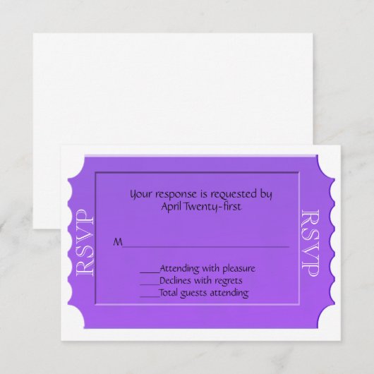 Paarse Ticket RSVP-reactiekaart voor alle doeleind RSVP Kaartje (Voorkant / Achterkant)