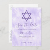 Paarse Tie Dye Bat Mitzvah Save the Date Aankondigingskaart (Voorkant / Achterkant)